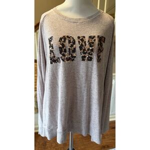 Signet Tan Soft Knit LOVE Sequin Leopard Print Raglan Top XL